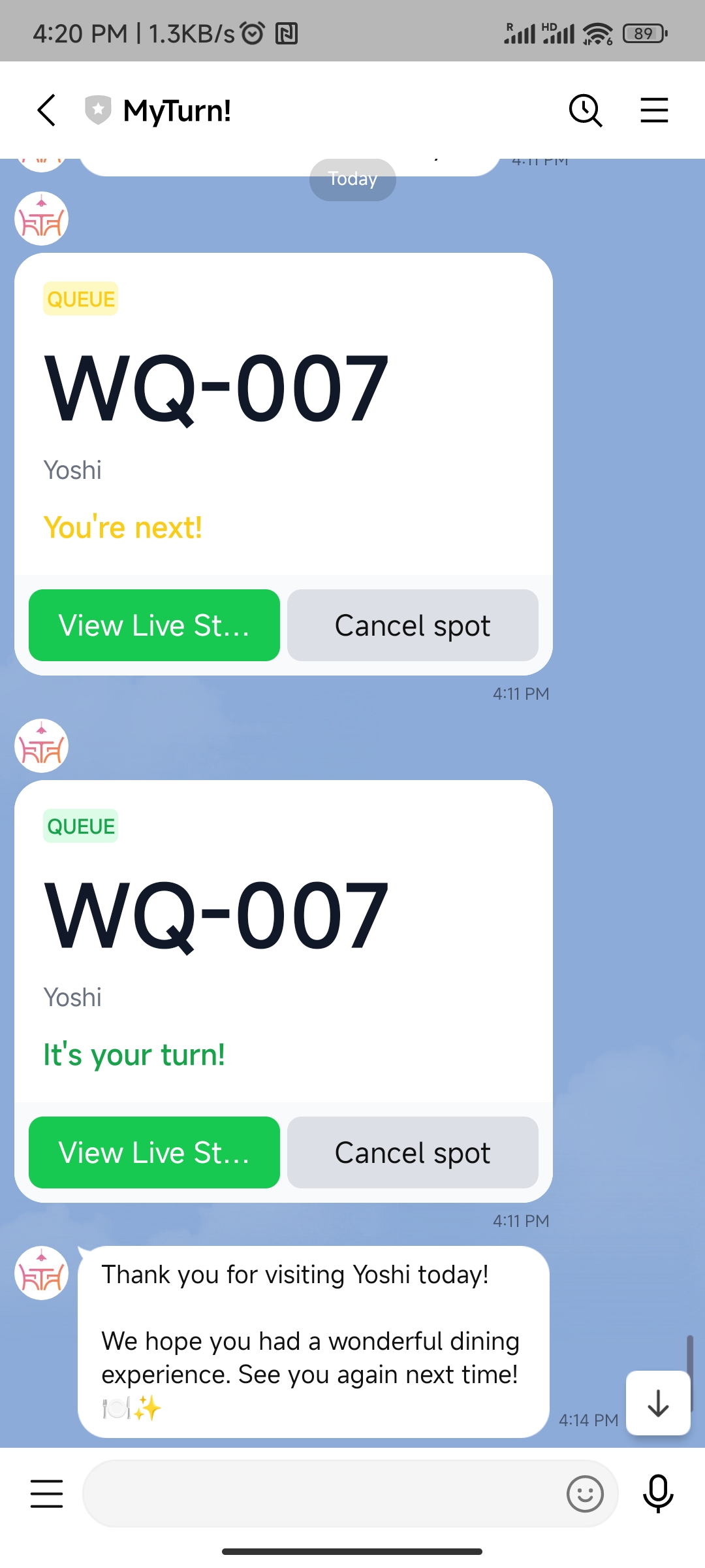 LINE chat — lower half showing MyTurn queue updates