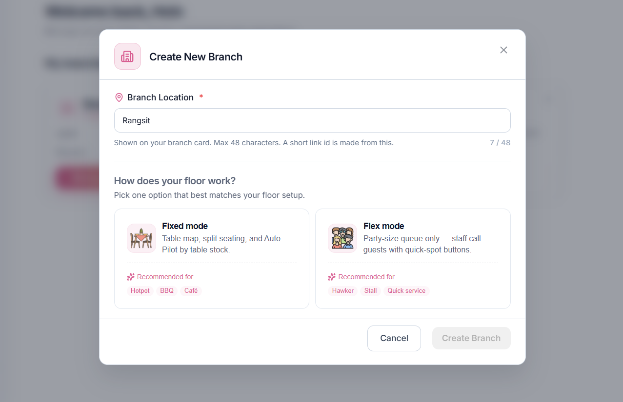 MyTurn create-branch screen to choose Fixed mode or Flex mode